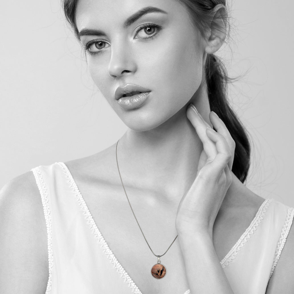 AUSTRALIAN NATIVE FLORA - EUCALYPTUS GUMTREE FLOWER XS CIRCLE PENDANT ON A CHAIN NECKLACE - D869S - on Satchel