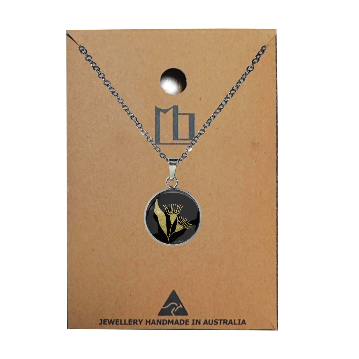 AUSTRALIAN NATIVE FLORA - EUCALYPTUS GUMTREE FLOWER XS CIRCLE PENDANT ON A CHAIN NECKLACE - D869S - on Satchel