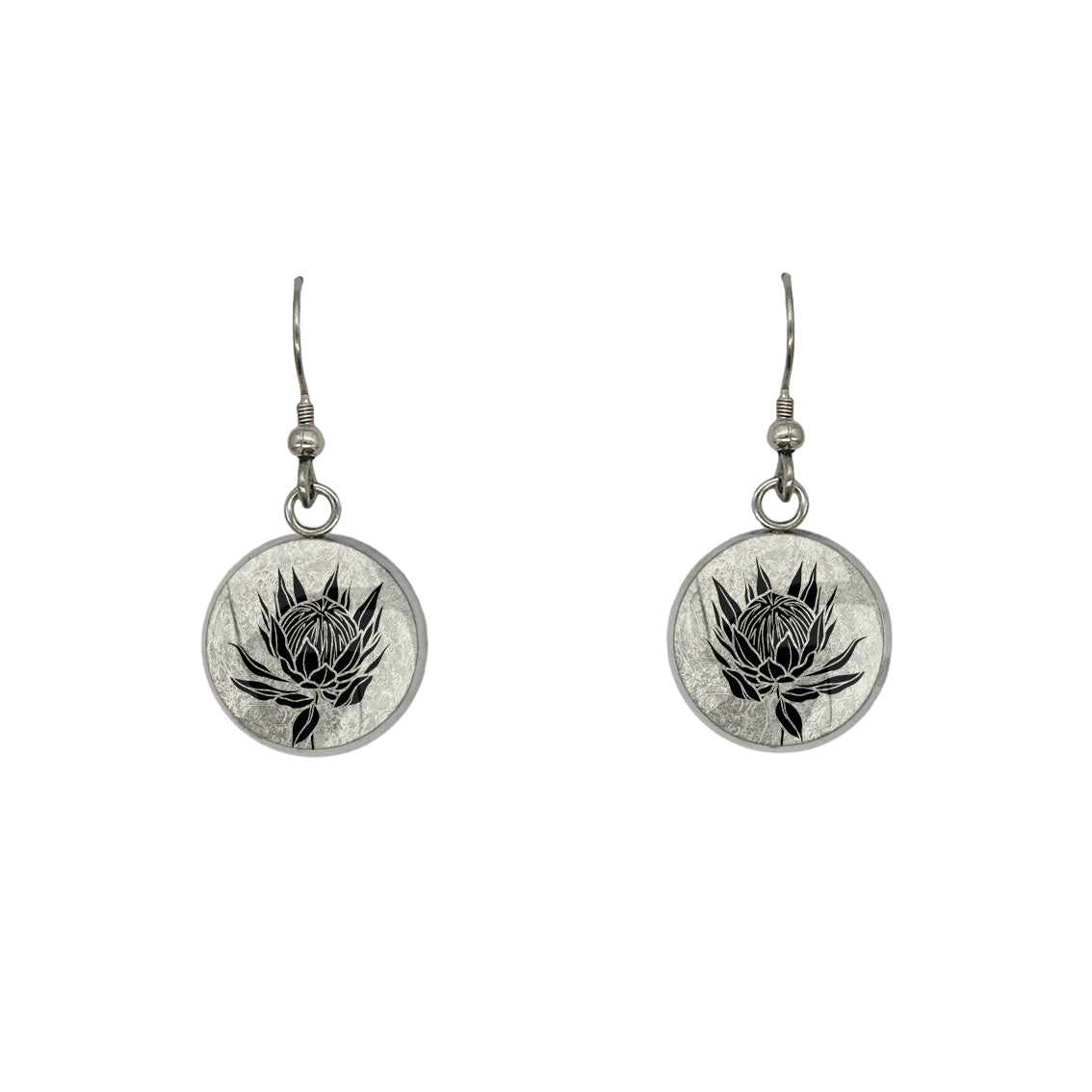 AUSTRALIAN NATIVE FLORA - PROTEA SUGARBUSH CIRCLE EARRINGS - D924S - on Satchel