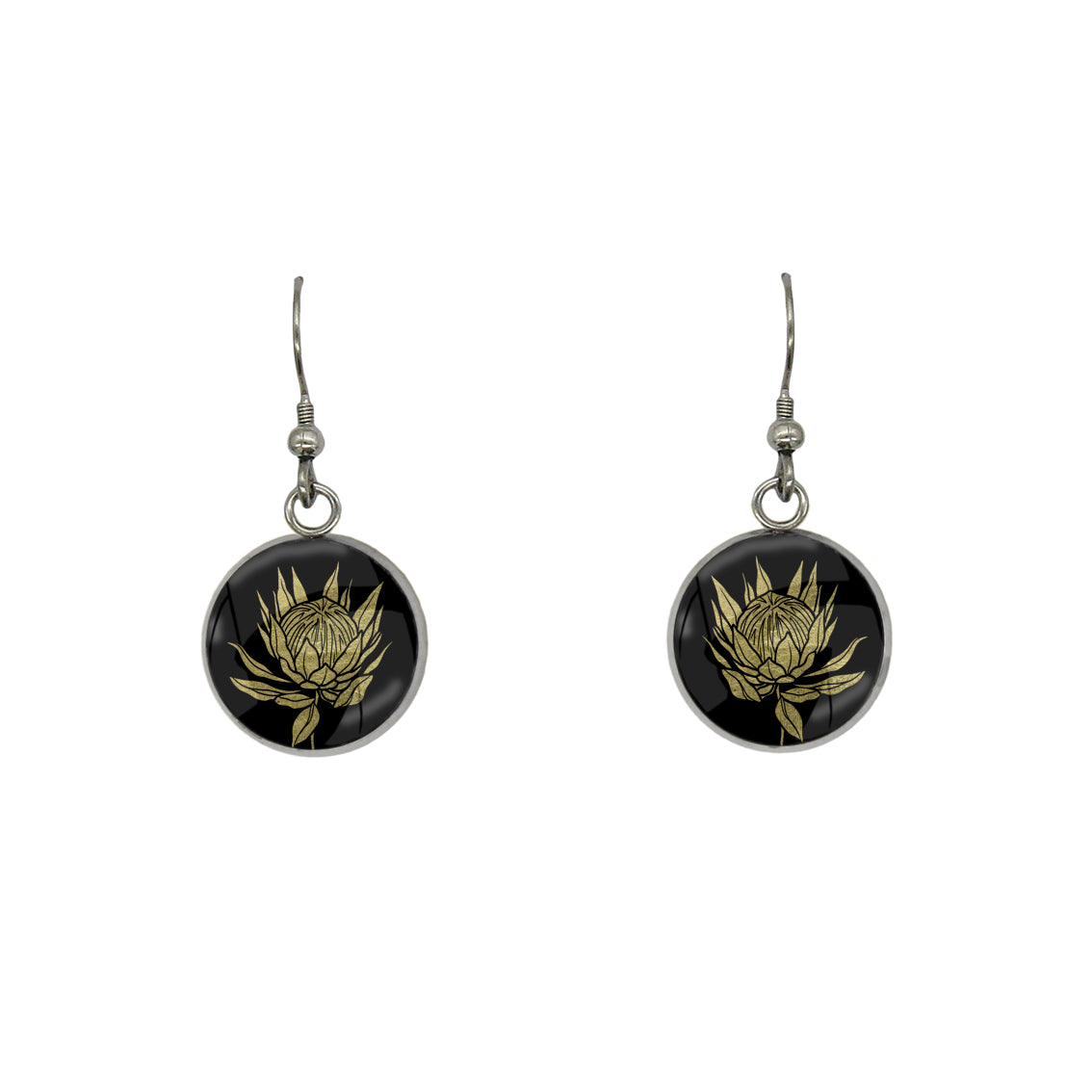 AUSTRALIAN NATIVE FLORA - PROTEA SUGARBUSH CIRCLE EARRINGS - D924S - on Satchel