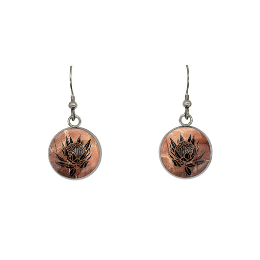 AUSTRALIAN NATIVE FLORA - PROTEA SUGARBUSH CIRCLE EARRINGS - D924S - on Satchel