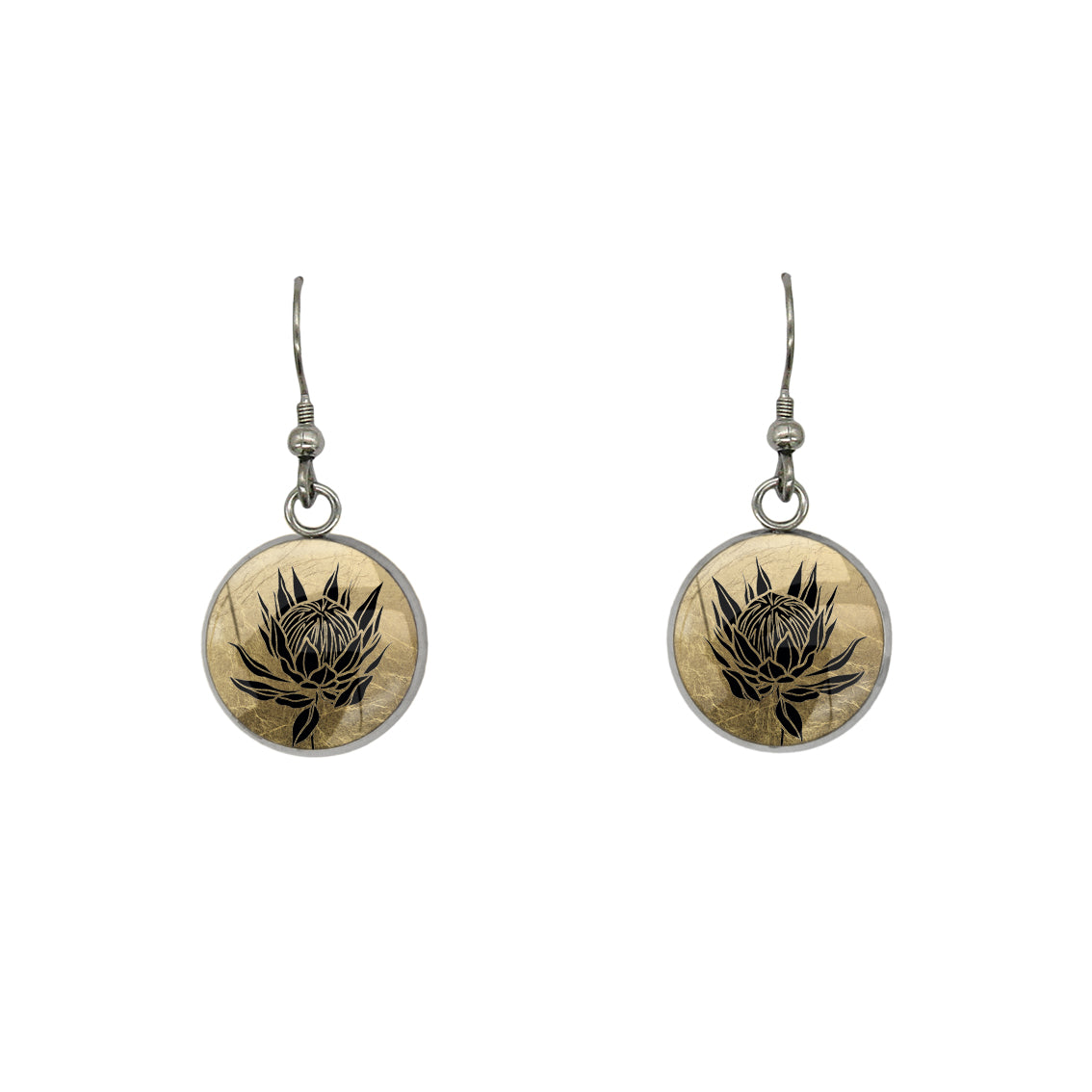 AUSTRALIAN NATIVE FLORA - PROTEA SUGARBUSH CIRCLE EARRINGS - D924S - on Satchel