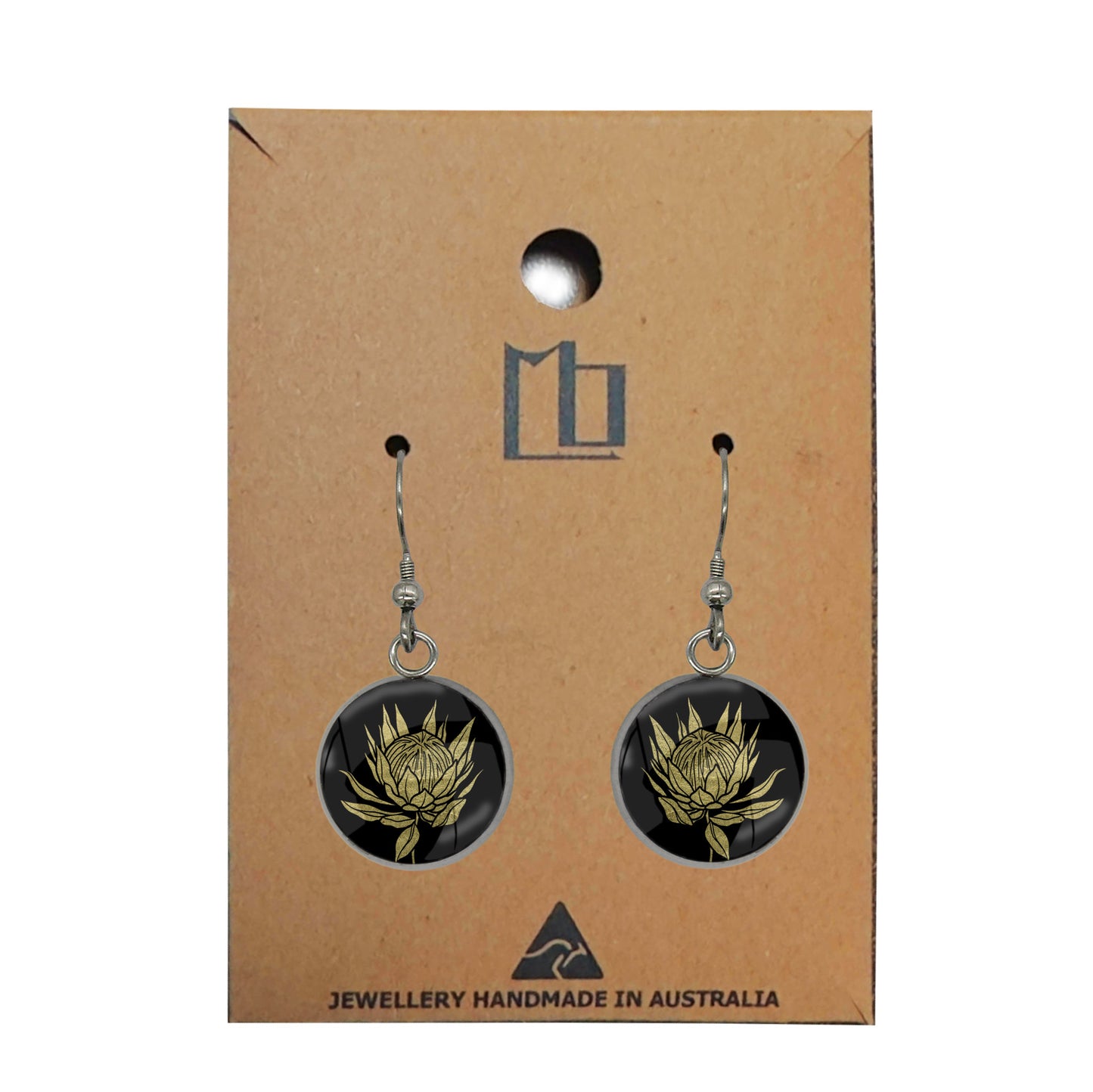 AUSTRALIAN NATIVE FLORA - PROTEA SUGARBUSH CIRCLE EARRINGS - D924S - on Satchel