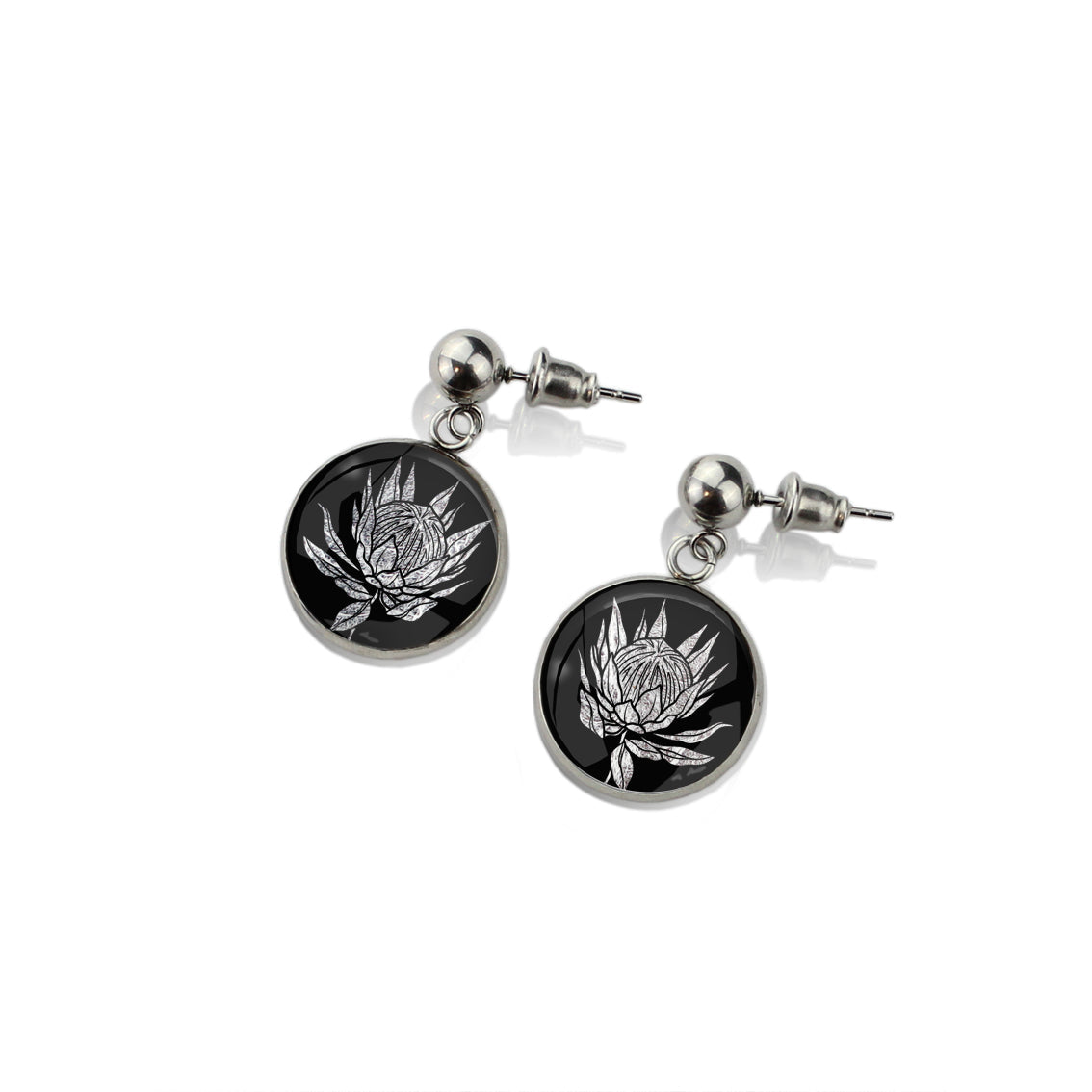 AUSTRALIAN NATIVE FLORA - PROTEA SUGARBUSH CIRCLE EARRINGS - D924S - on Satchel