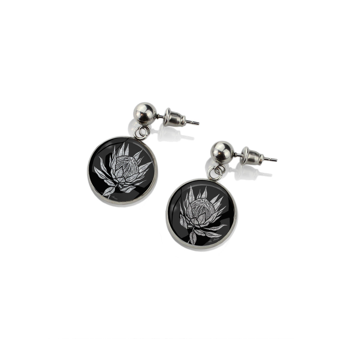 AUSTRALIAN NATIVE FLORA - PROTEA SUGARBUSH CIRCLE EARRINGS - D924S - on Satchel