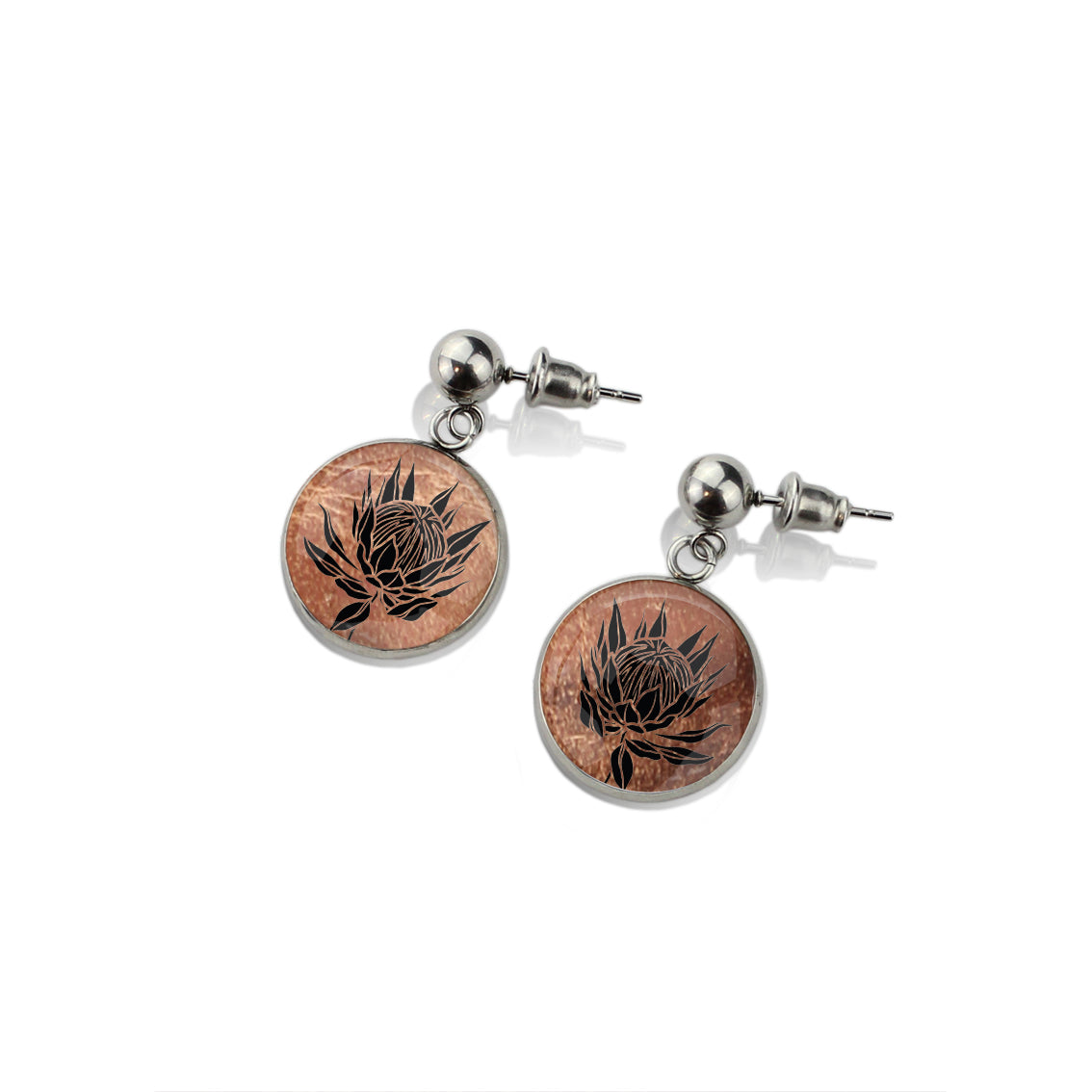 AUSTRALIAN NATIVE FLORA - PROTEA SUGARBUSH CIRCLE EARRINGS - D924S - on Satchel