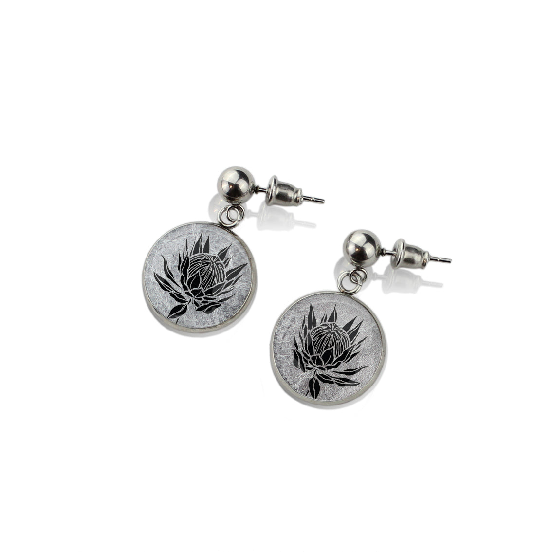 AUSTRALIAN NATIVE FLORA - PROTEA SUGARBUSH CIRCLE EARRINGS - D924S - on Satchel