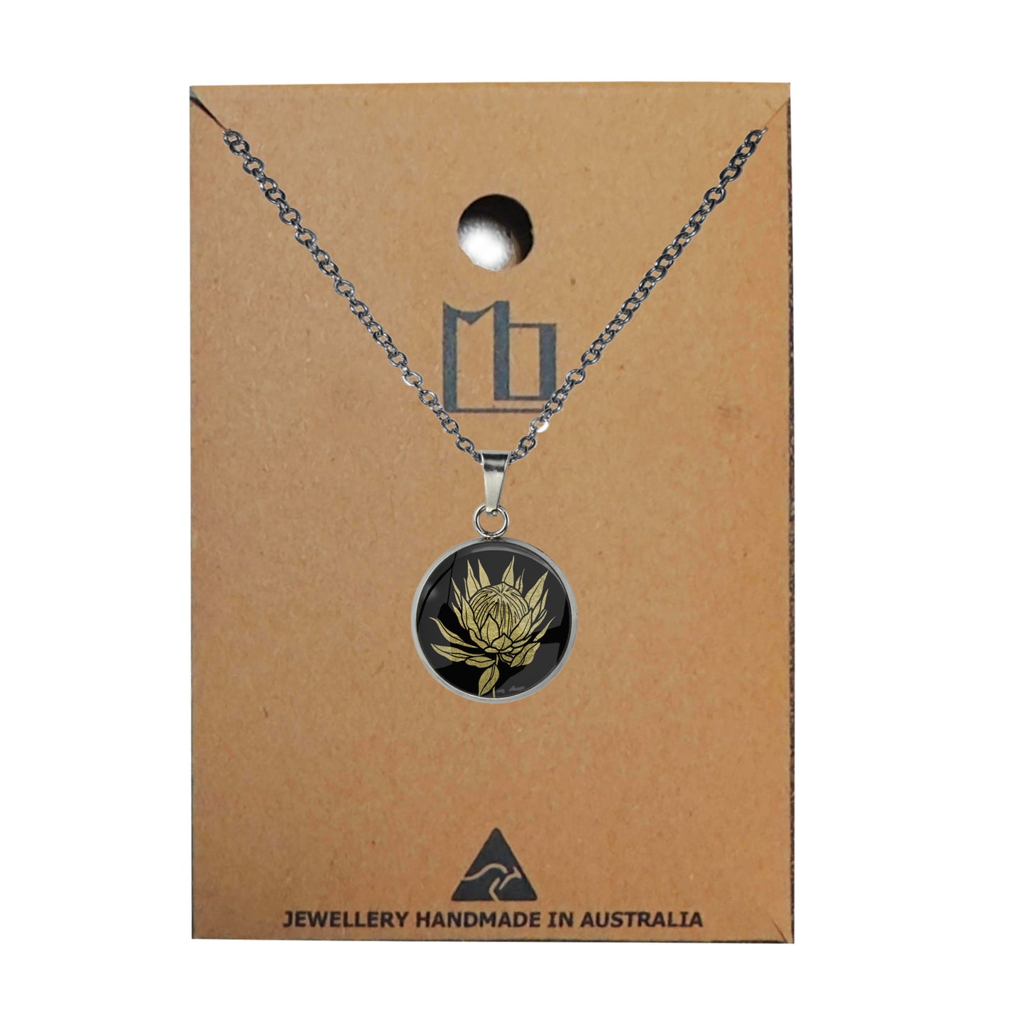 AUSTRALIAN NATIVE FLORA - PROTEA SUGARBUSH XS CIRCLE PENDANT ON A CHAIN NECKLACE - D925S - on Satchel