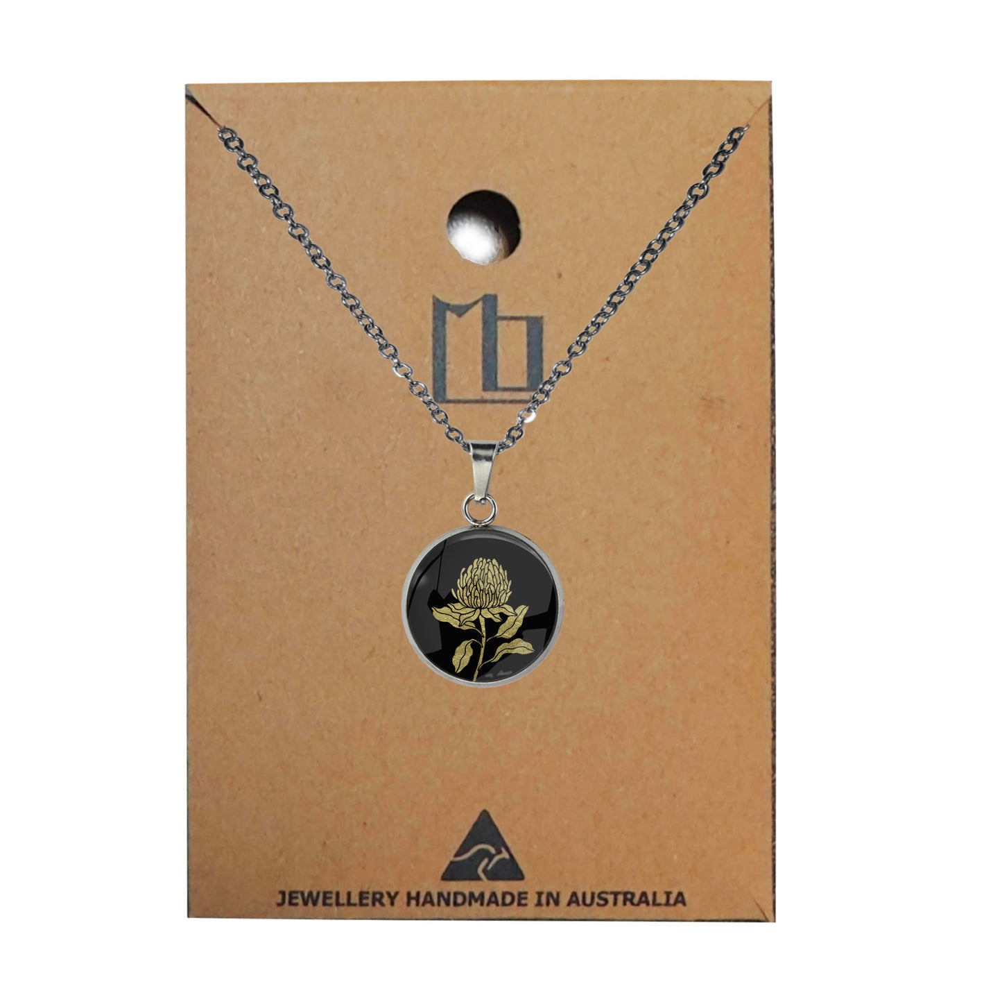 AUSTRALIAN NATIVE FLORA - WARATAH TELOPEA XS CIRCLE PENDANT ON A CHAIN NECKLACE  - D933S - on Satchel