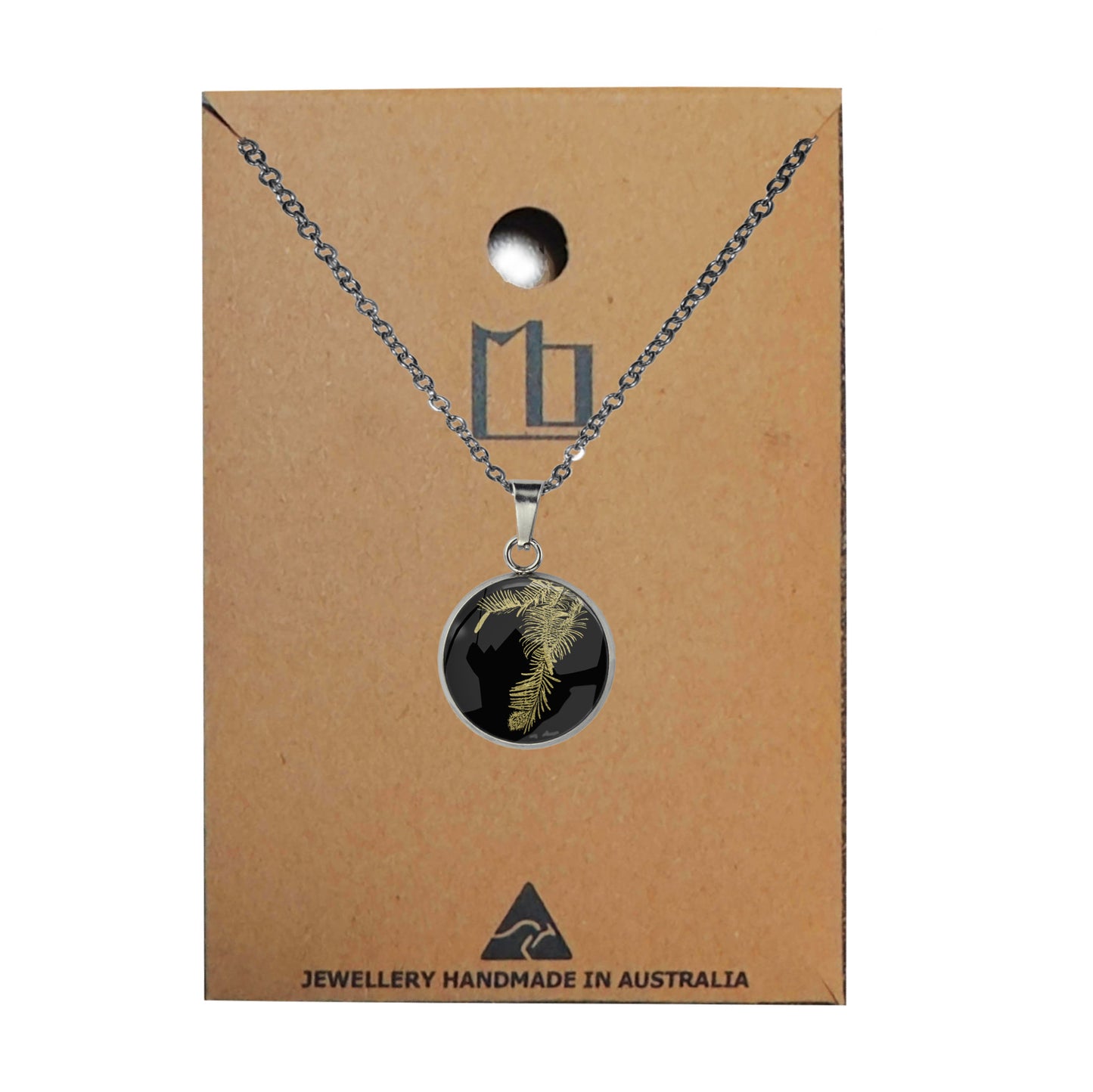 AUSTRALIAN NATIVE FLORA - WOLLEMI PINE XS CIRCLE PENDANT ON A CHAIN NECKLACE - D937S - on Satchel