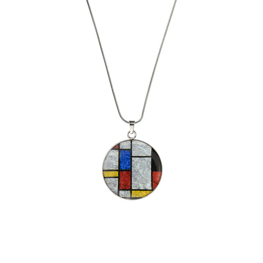 ODE TO MONDRIAN POP ART ABSTRACT PRIMARY COLORS CIRCLE PENDANT ON A CHAIN NECKLACE - M032 - in Circle Box