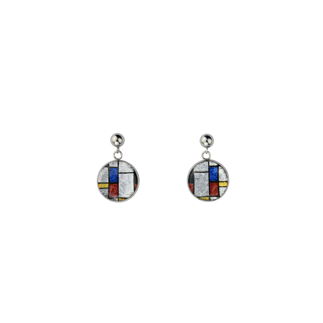 ODE TO MONDRIAN POP ART ABSTRACT PRIMARY COLORS DANGLE DROP CIRCLE EARRINGS - M062S - on Satchel