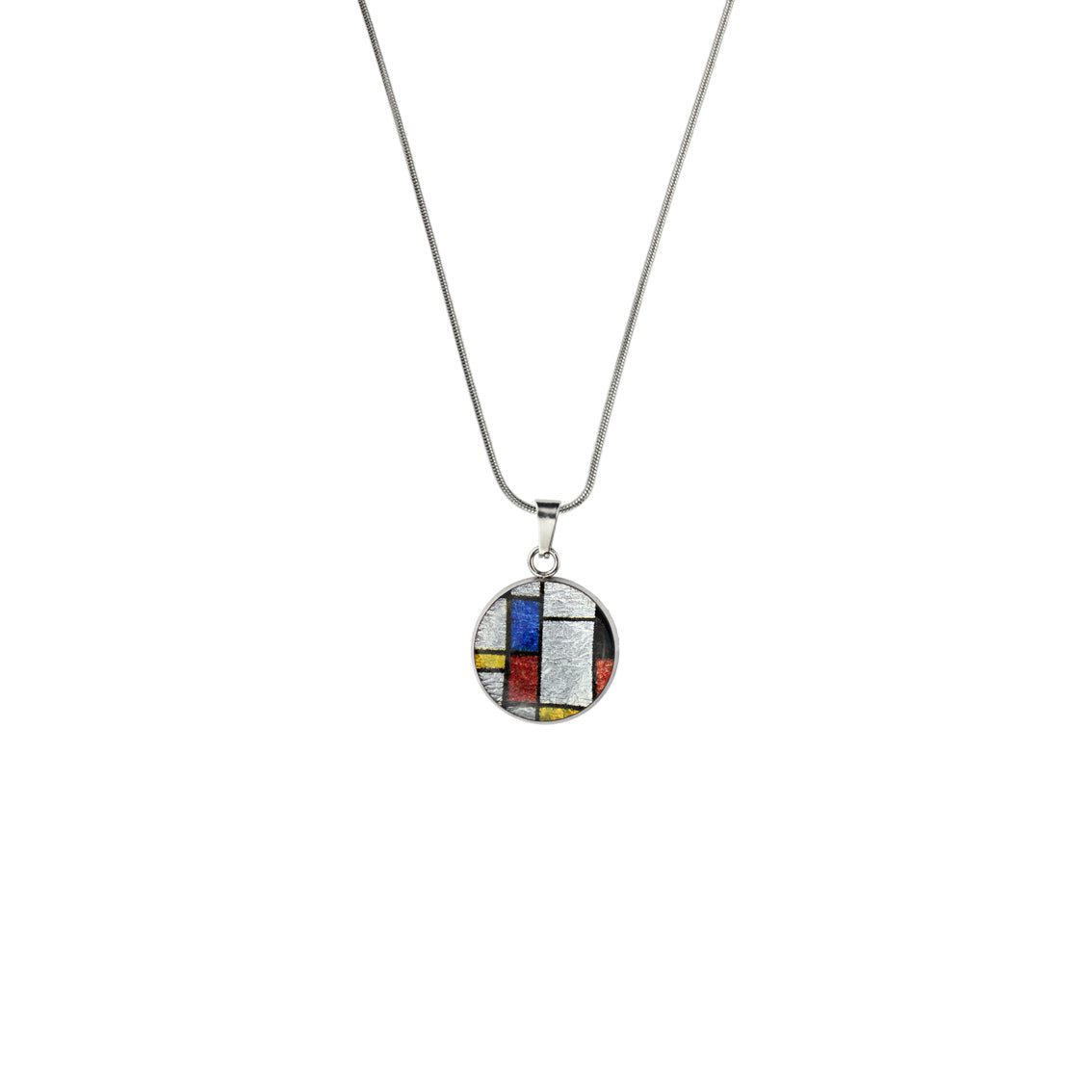 ODE TO MONDRIAN POP ART ABSTRACT PRIMARY COLORS XS CIRCLE PENDANT ON A CHAIN NECKLACE - M063 - in Circle Box