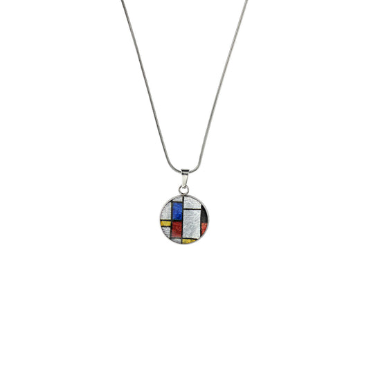 ODE TO MONDRIAN POP ART ABSTRACT PRIMARY COLORS XS CIRCLE PENDANT ON A CHAIN NECKLACE - M063S - on Satchel