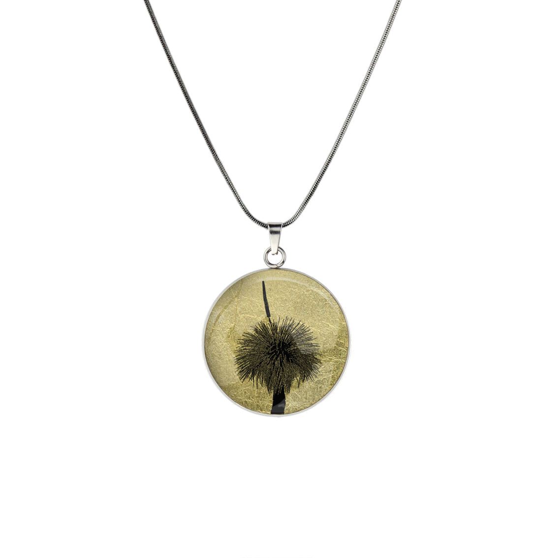 AUSTRALIAN NATIVE FLORA - GRASS TREE CIRCLE PENDANT ON A CHAIN NECKLACE - D855 - in Circle Box