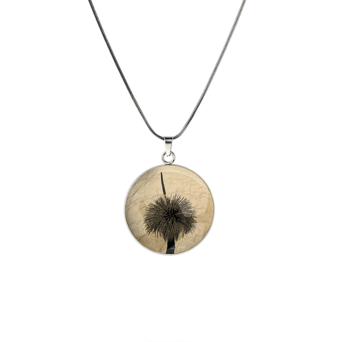 AUSTRALIAN NATIVE FLORA - GRASS TREE CIRCLE PENDANT ON A CHAIN NECKLACE - D855S - on Satchel