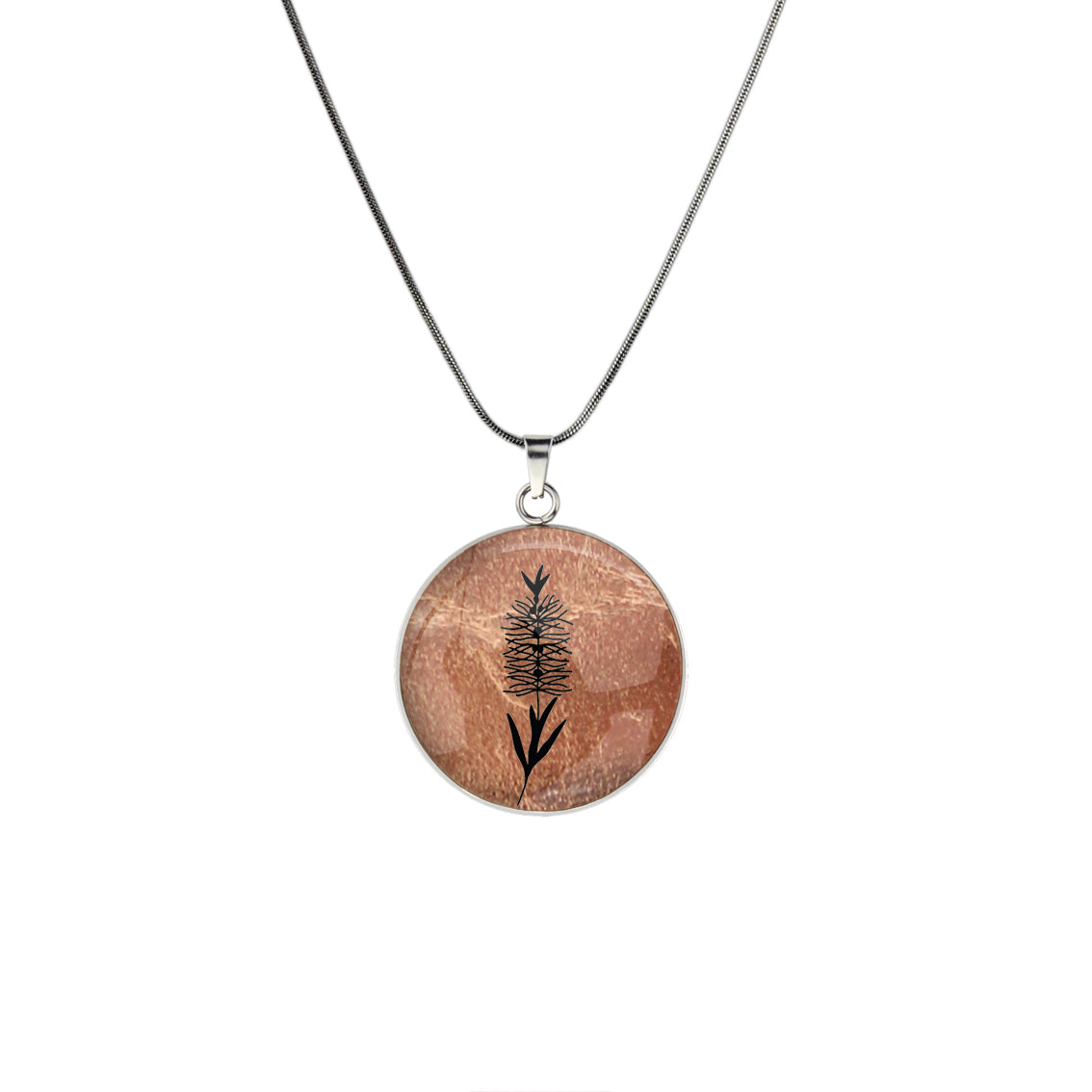 AUSTRALIAN NATIVE FLORA - BOTTLEBRUSH CIRCLE PENDANT ON A CHAIN NECKLACE - D859S - on Satchel