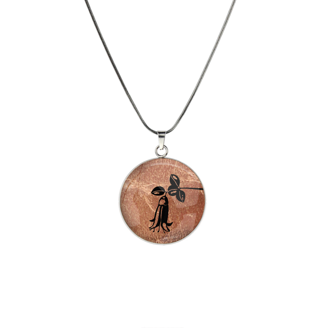 AUSTRALIAN NATIVE FLORA - CANBERRA BELLS TELOPEA CIRCLE PENDANT ON A CHAIN NECKLACE - D863S - on Satchel