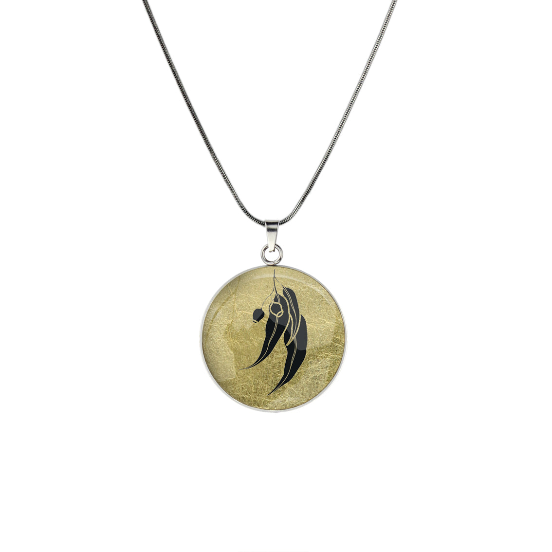 AUSTRALIAN NATIVE FLORA - EUCALYPTUS GUMNUT CIRCLE PENDANT ON A CHAIN NECKLACE - D867S - on Satchel