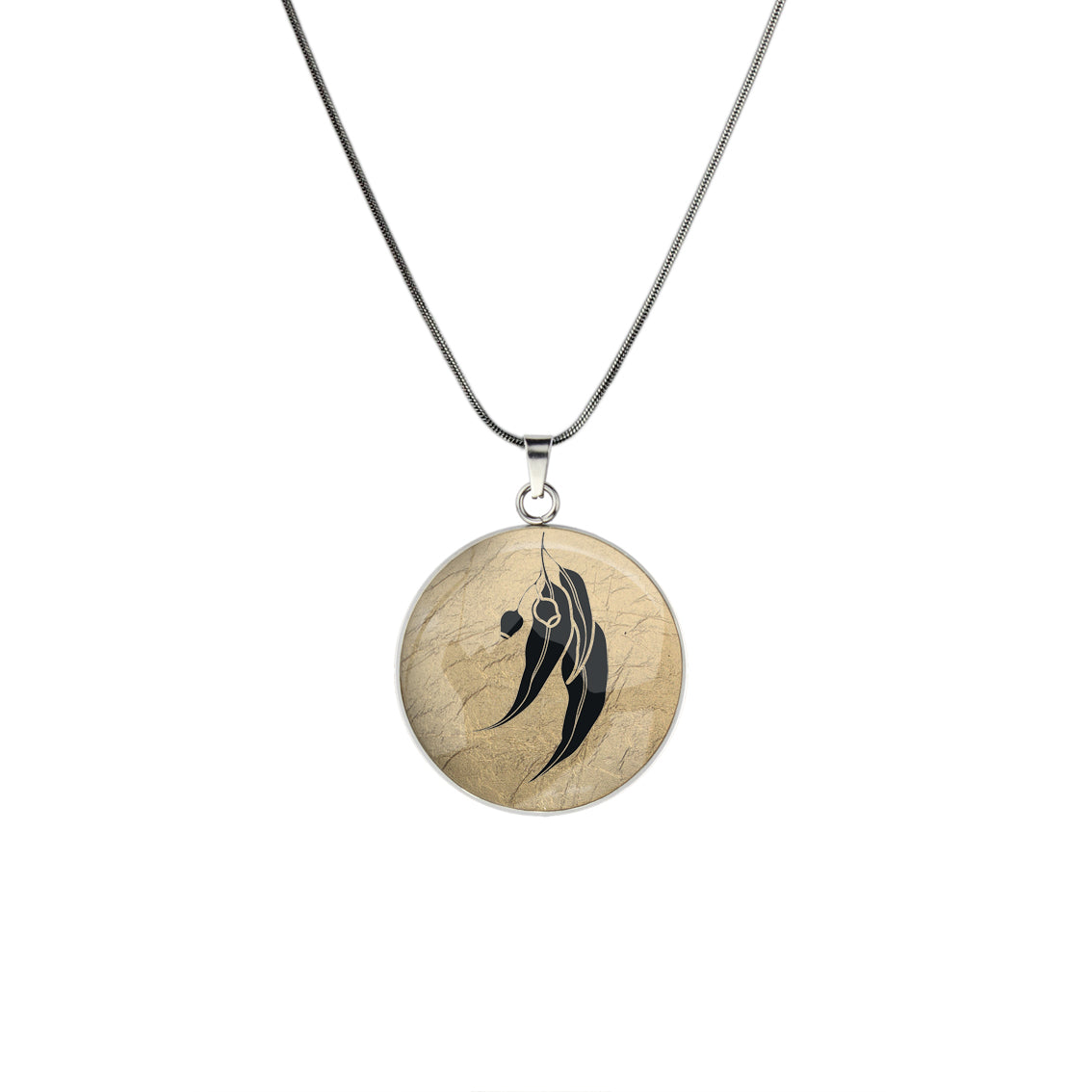 AUSTRALIAN NATIVE FLORA - EUCALYPTUS GUMNUT CIRCLE PENDANT ON A CHAIN NECKLACE - D867S - on Satchel