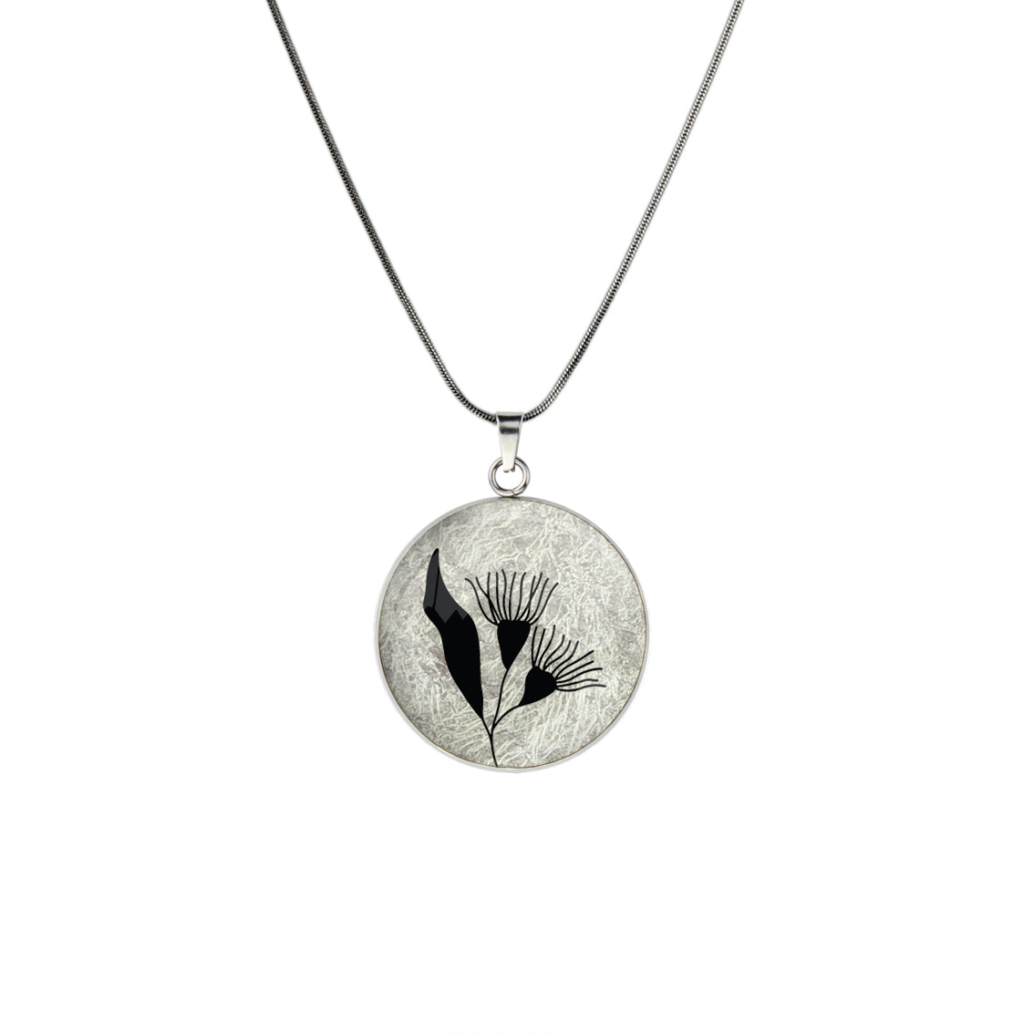 AUSTRALIAN NATIVE FLORA - EUCALYPTUS GUMTREE FLOWER CIRCLE PENDANT ON A CHAIN NECKLACE - D871 - in Circle Box