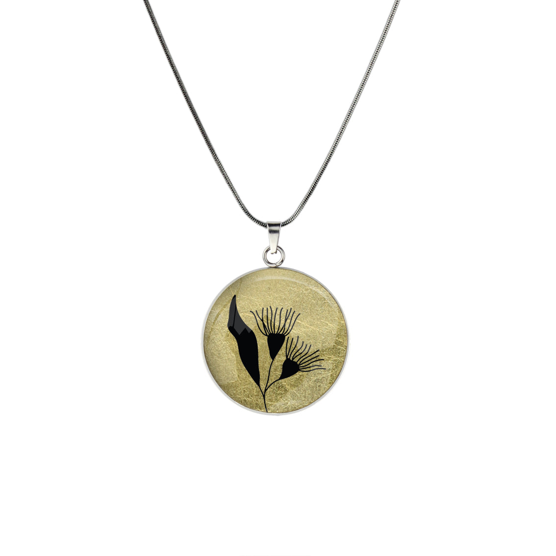 AUSTRALIAN NATIVE FLORA - EUCALYPTUS GUMTREE FLOWER CIRCLE PENDANT ON A CHAIN NECKLACE - D871 - in Circle Box