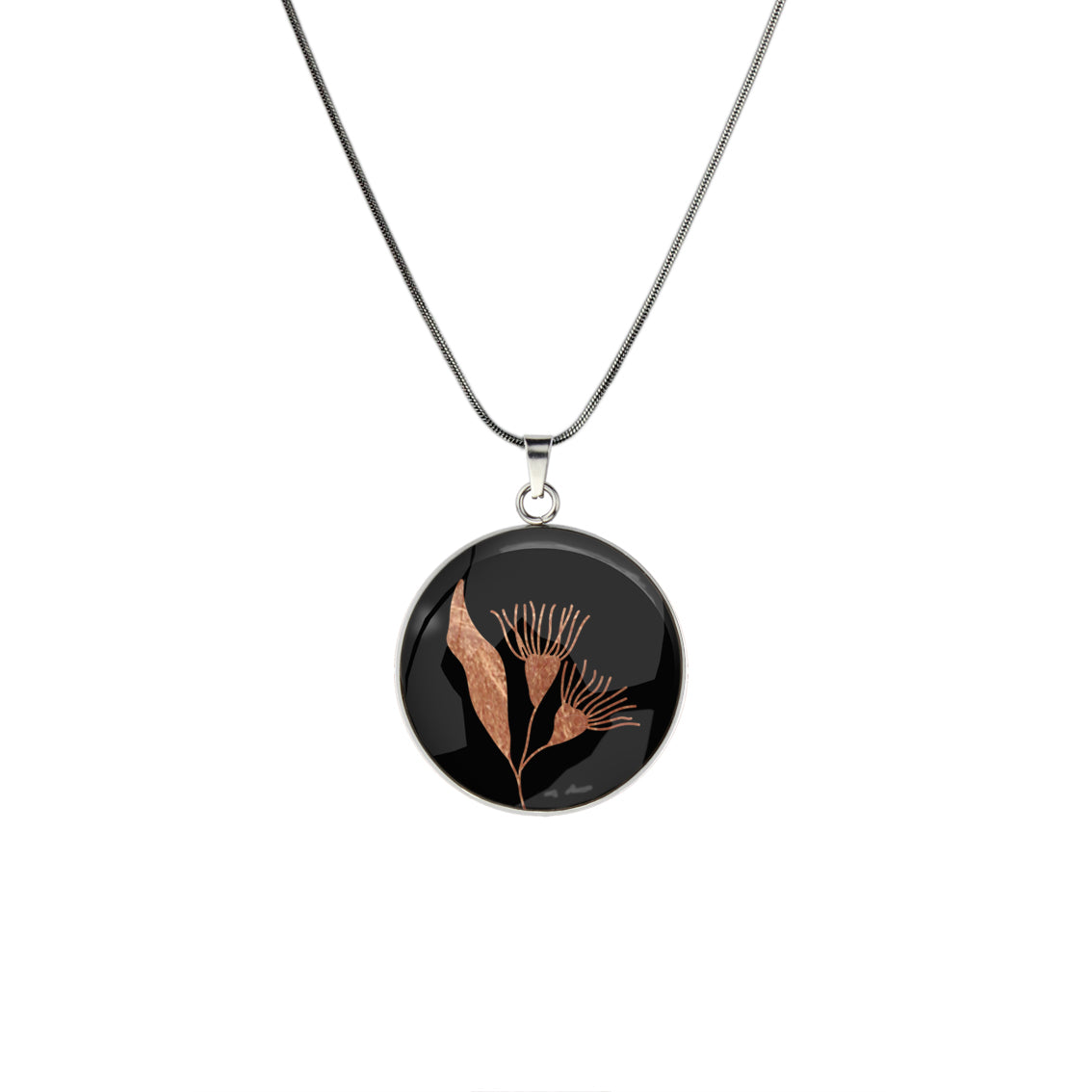 AUSTRALIAN NATIVE FLORA - EUCALYPTUS GUMTREE FLOWER CIRCLE PENDANT ON A CHAIN NECKLACE - D871S - on Satchel