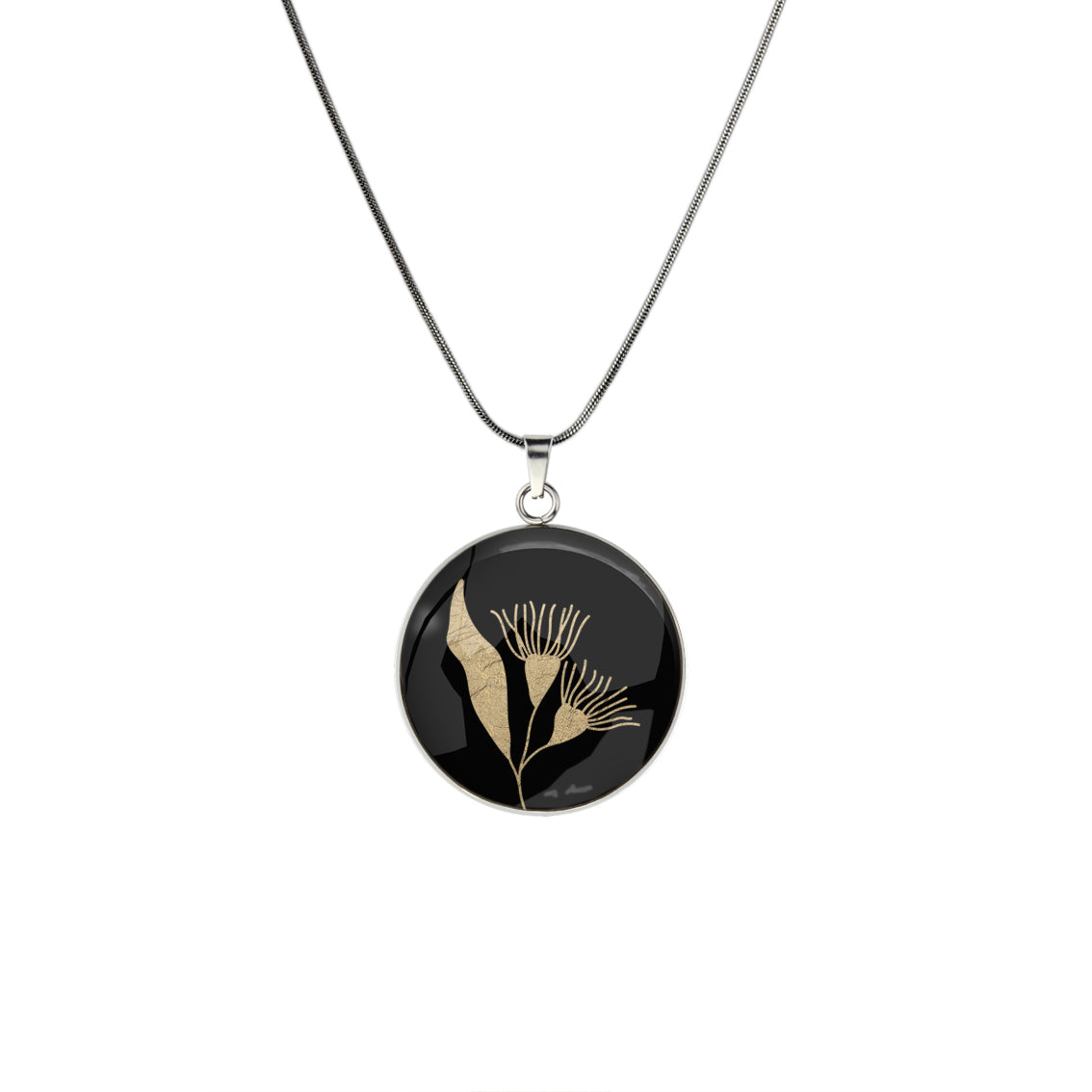 AUSTRALIAN NATIVE FLORA - EUCALYPTUS GUMTREE FLOWER CIRCLE PENDANT ON A CHAIN NECKLACE - D871S - on Satchel