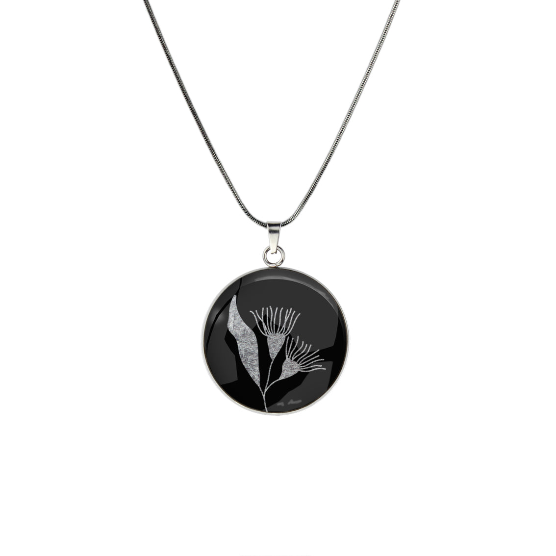 AUSTRALIAN NATIVE FLORA - EUCALYPTUS GUMTREE FLOWER CIRCLE PENDANT ON A CHAIN NECKLACE - D871S - on Satchel
