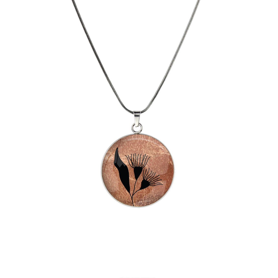 AUSTRALIAN NATIVE FLORA - EUCALYPTUS GUMTREE FLOWER CIRCLE PENDANT ON A CHAIN NECKLACE - D871S - on Satchel