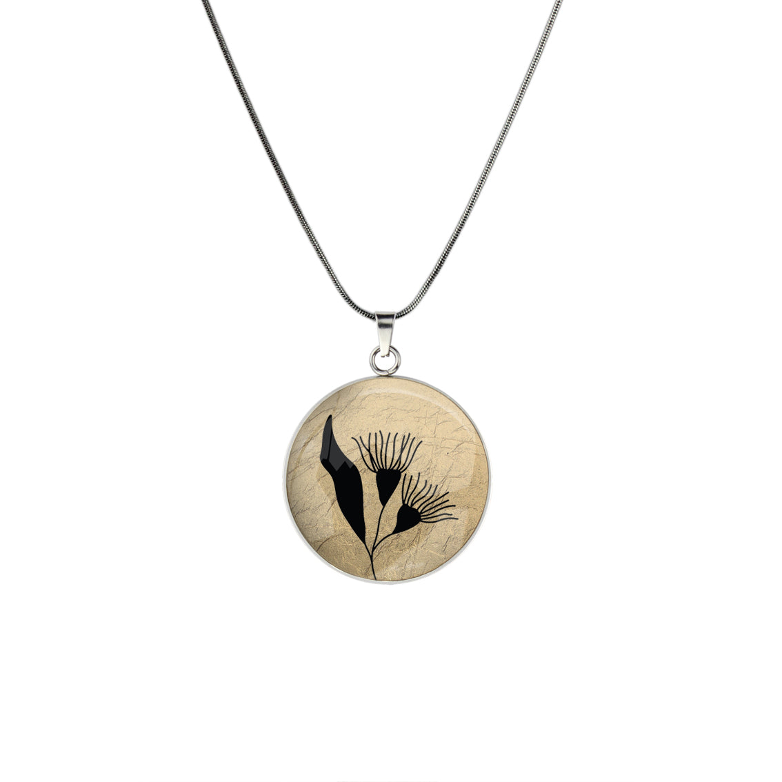 AUSTRALIAN NATIVE FLORA - EUCALYPTUS GUMTREE FLOWER CIRCLE PENDANT ON A CHAIN NECKLACE - D871 - in Circle Box