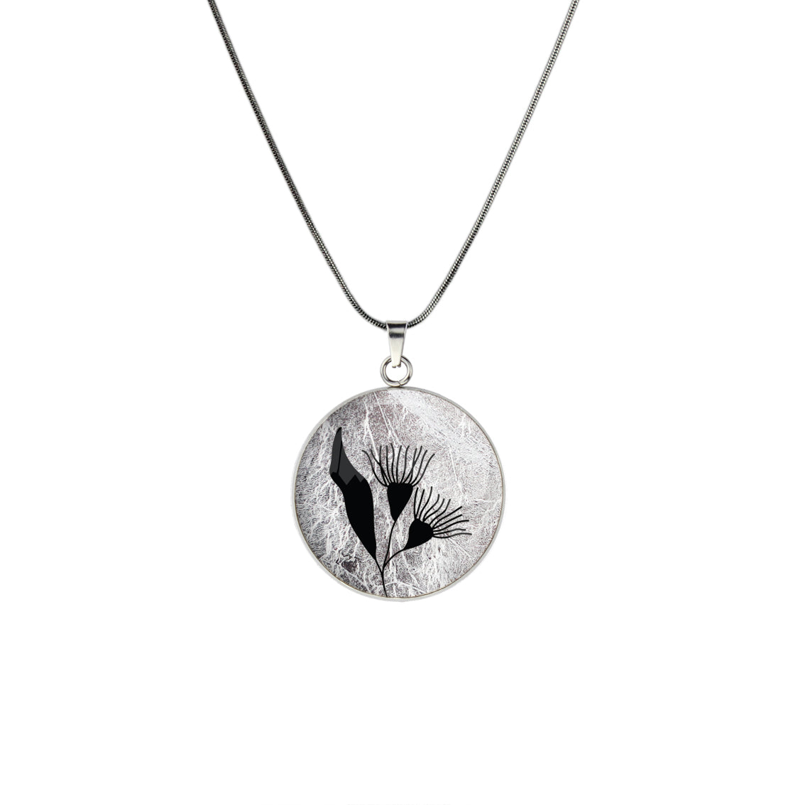 AUSTRALIAN NATIVE FLORA - EUCALYPTUS GUMTREE FLOWER CIRCLE PENDANT ON A CHAIN NECKLACE - D871S - on Satchel