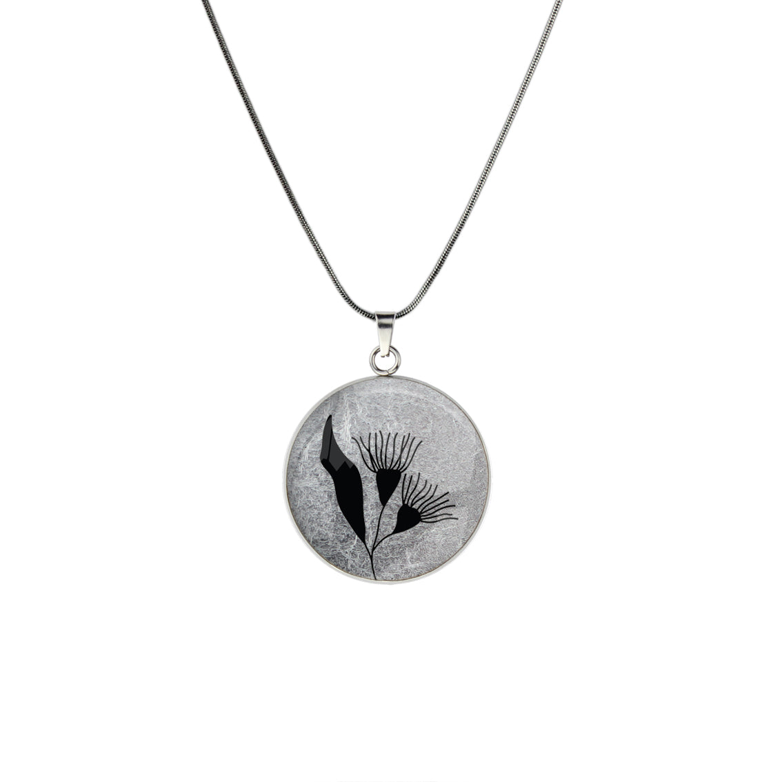 AUSTRALIAN NATIVE FLORA - EUCALYPTUS GUMTREE FLOWER CIRCLE PENDANT ON A CHAIN NECKLACE - D871S - on Satchel