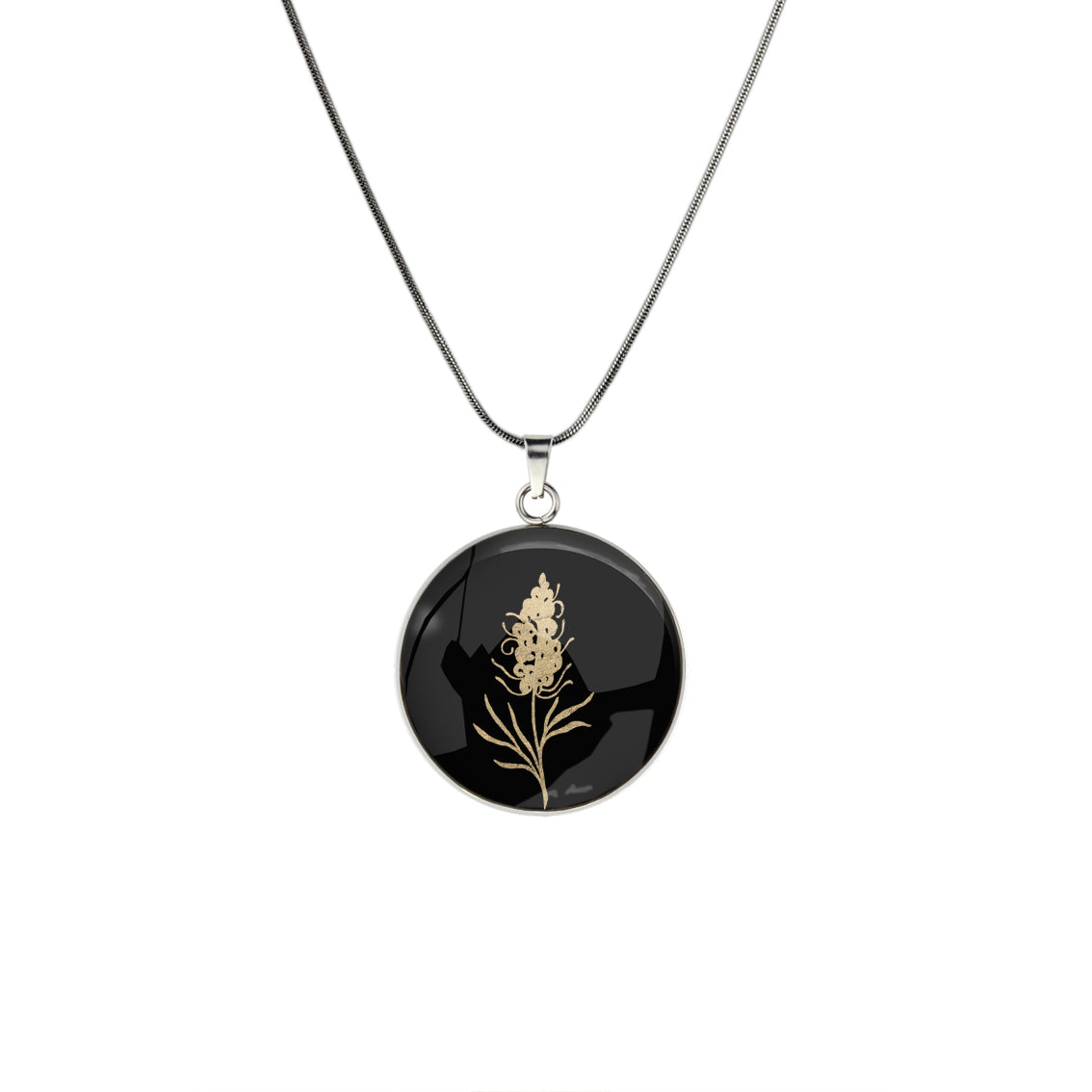 AUSTRALIAN NATIVE FLORA - GREVILLEA SPIDER FLOWER CIRCLE PENDANT ON A CHAIN NECKLACE - D879S - on Satchel