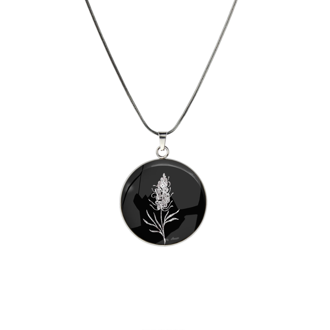 AUSTRALIAN NATIVE FLORA - GREVILLEA SPIDER FLOWER CIRCLE PENDANT ON A CHAIN NECKLACE - D879S - on Satchel