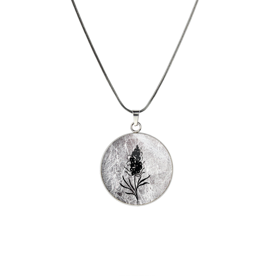 AUSTRALIAN NATIVE FLORA - GREVILLEA SPIDER FLOWER CIRCLE PENDANT ON A CHAIN NECKLACE - D879S - on Satchel