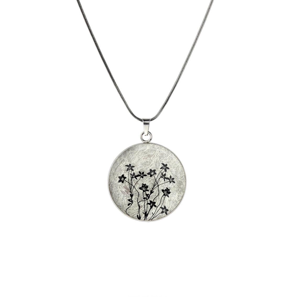 AUSTRALIAN NATIVE FLORA - NATIVE BLUEBELL CIRCLE PENDANT ON A CHAIN NECKLACE - D895S - on Satchel