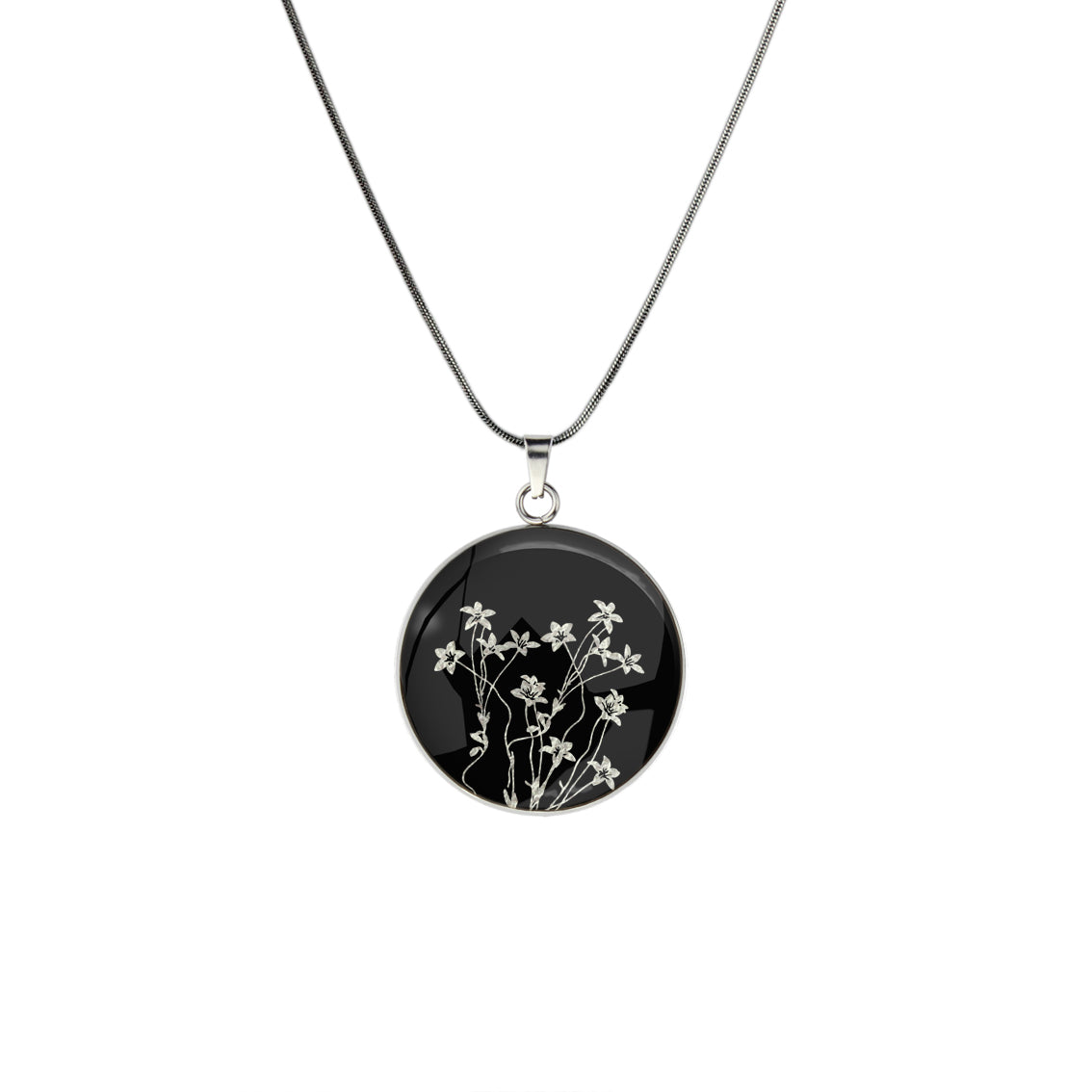 AUSTRALIAN NATIVE FLORA - NATIVE BLUEBELL CIRCLE PENDANT ON A CHAIN NECKLACE - D895S - on Satchel