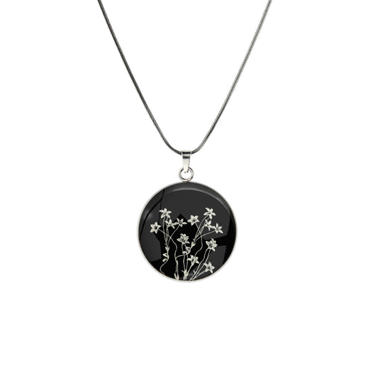 AUSTRALIAN NATIVE FLORA - NATIVE BLUEBELL CIRCLE PENDANT ON A CHAIN NECKLACE - D895S - on Satchel