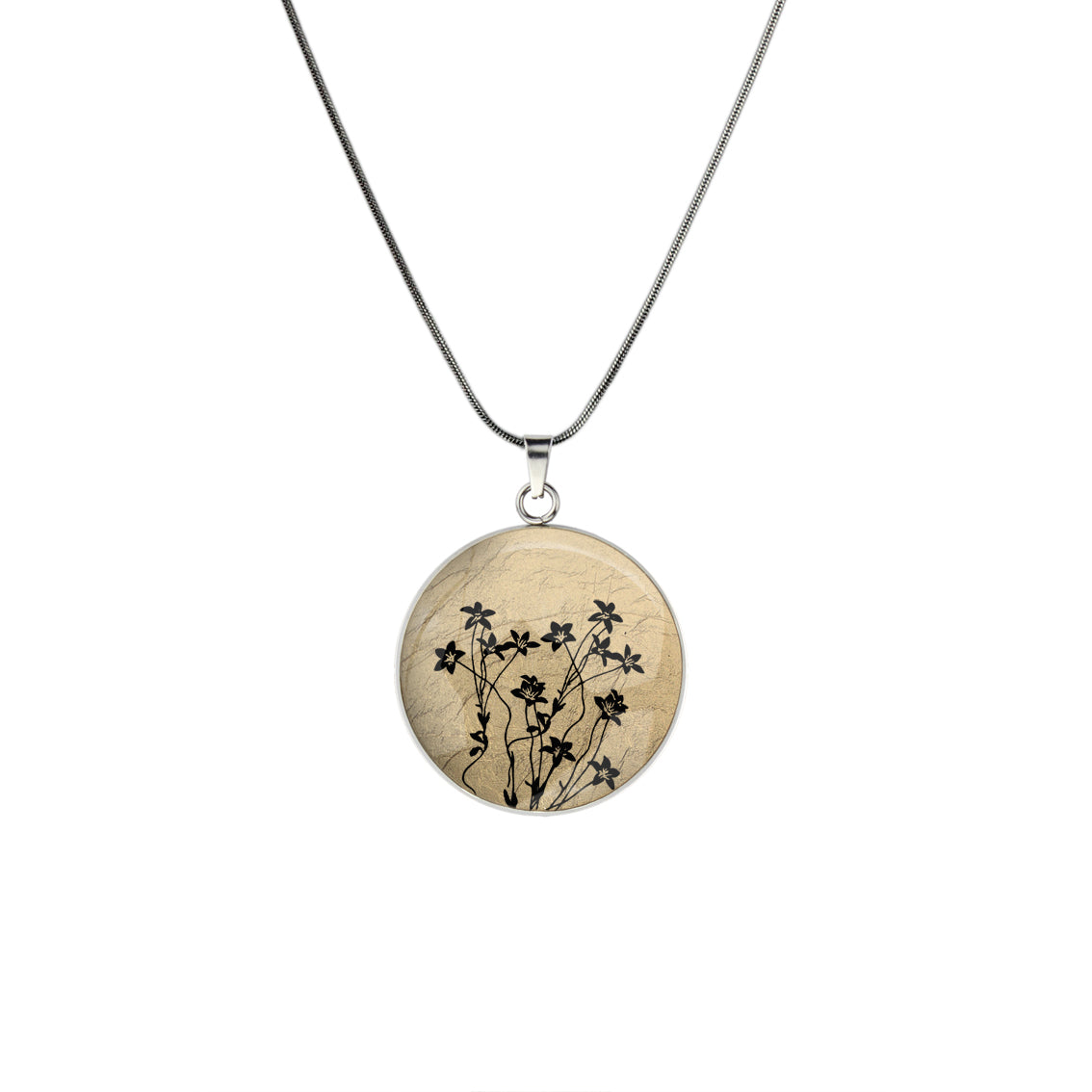 AUSTRALIAN NATIVE FLORA - NATIVE BLUEBELL CIRCLE PENDANT ON A CHAIN NECKLACE - D895S - on Satchel
