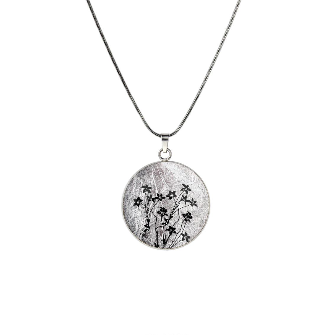 AUSTRALIAN NATIVE FLORA - NATIVE BLUEBELL CIRCLE PENDANT ON A CHAIN NECKLACE - D895S - on Satchel