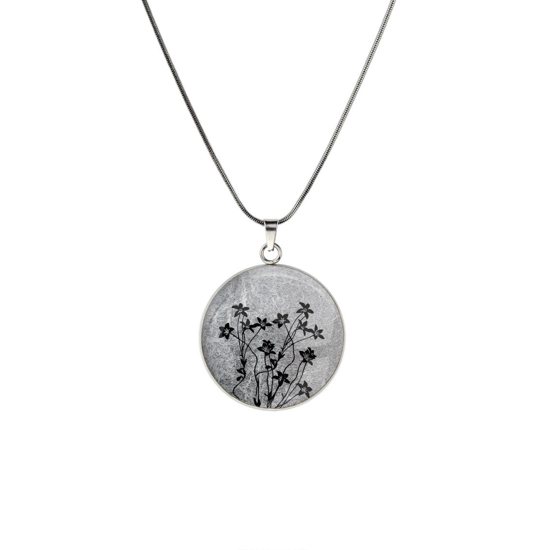 AUSTRALIAN NATIVE FLORA - NATIVE BLUEBELL CIRCLE PENDANT ON A CHAIN NECKLACE - D895S - on Satchel