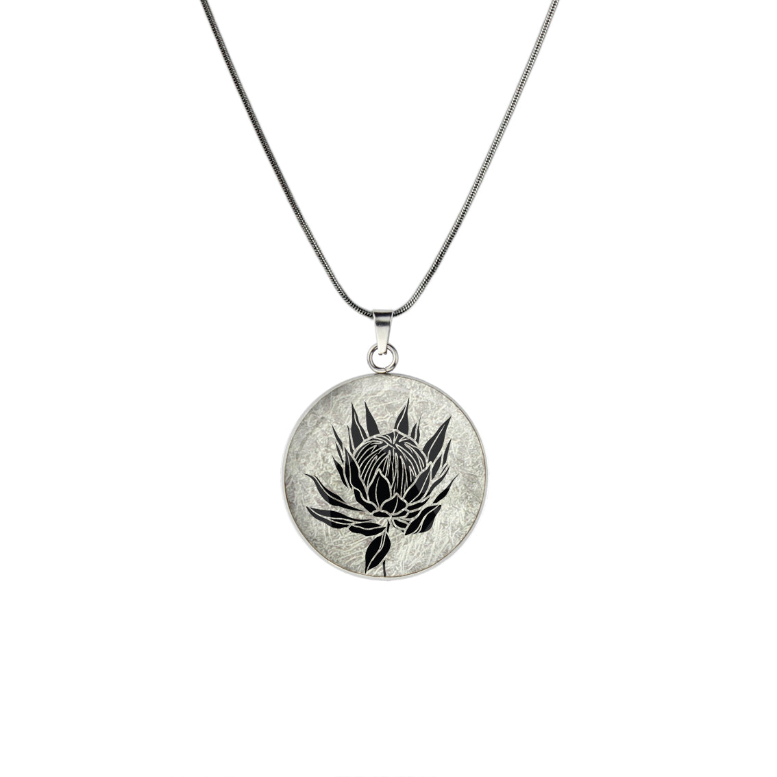 AUSTRALIAN NATIVE FLORA - PROTEA SUGARBUSH CIRCLE PENDANT ON A CHAIN NECKLACE - D927 - in Circle Box