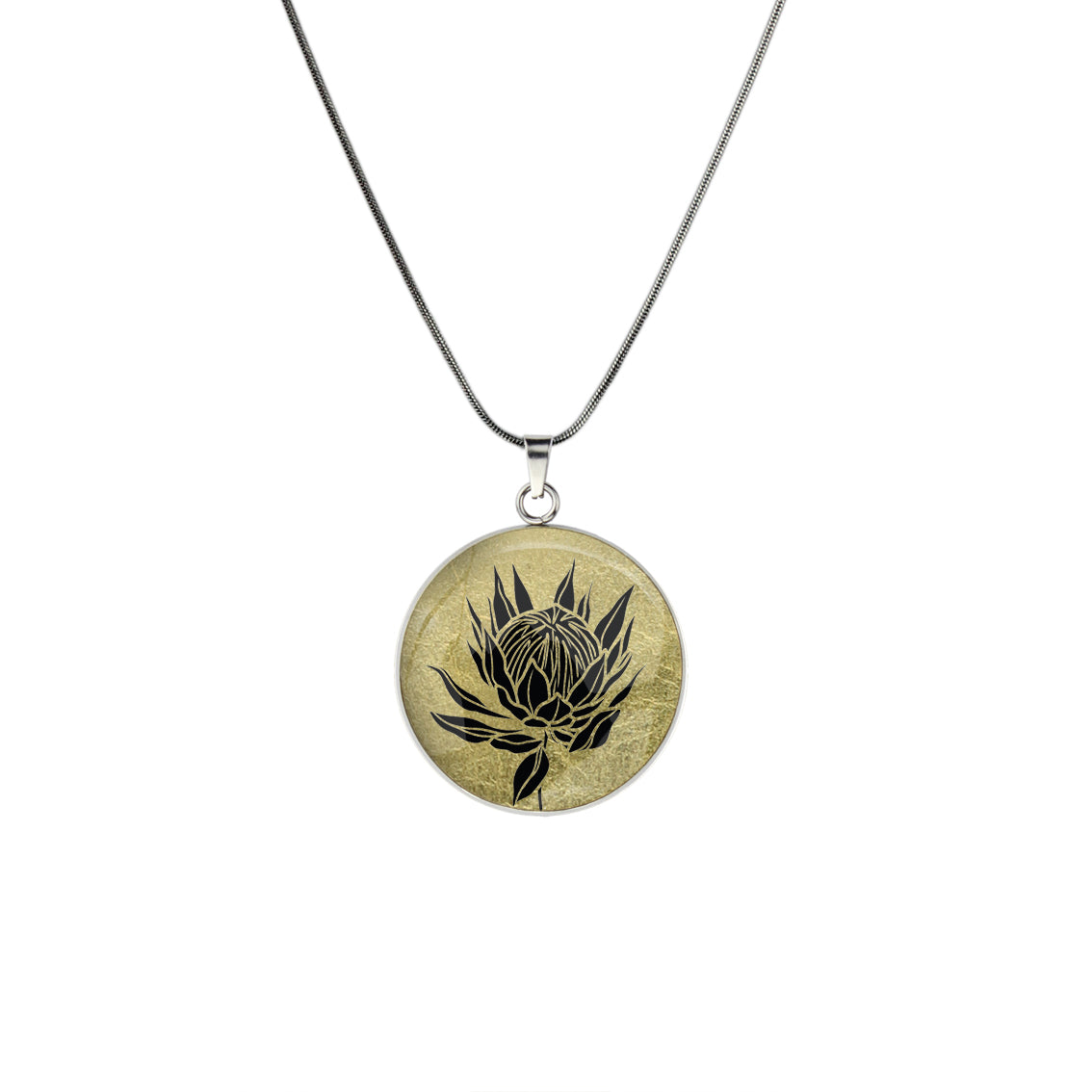 AUSTRALIAN NATIVE FLORA - PROTEA SUGARBUSH CIRCLE PENDANT ON A CHAIN NECKLACE - D927 - in Circle Box