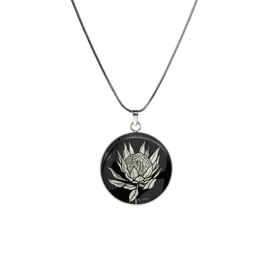 AUSTRALIAN NATIVE FLORA - PROTEA SUGARBUSH CIRCLE PENDANT ON A CHAIN NECKLACE - D927 - in Circle Box