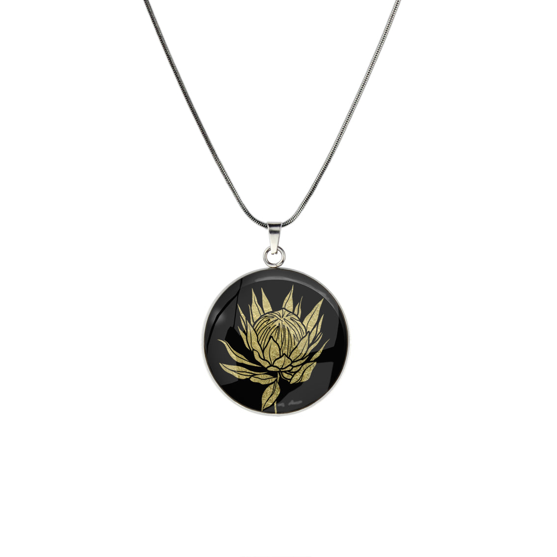 AUSTRALIAN NATIVE FLORA - PROTEA SUGARBUSH CIRCLE PENDANT ON A CHAIN NECKLACE - D927S - on Satchel