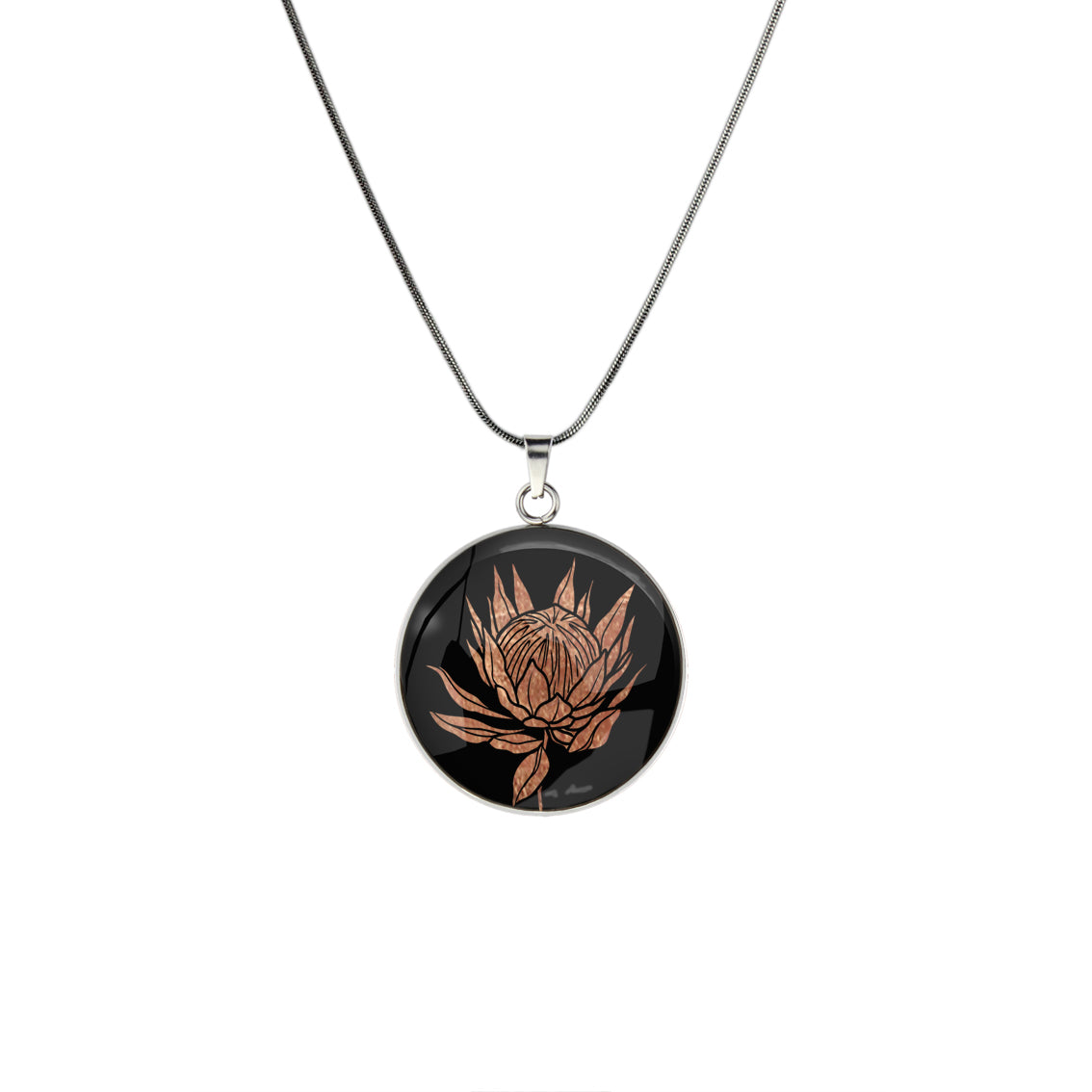 AUSTRALIAN NATIVE FLORA - PROTEA SUGARBUSH CIRCLE PENDANT ON A CHAIN NECKLACE - D927 - in Circle Box