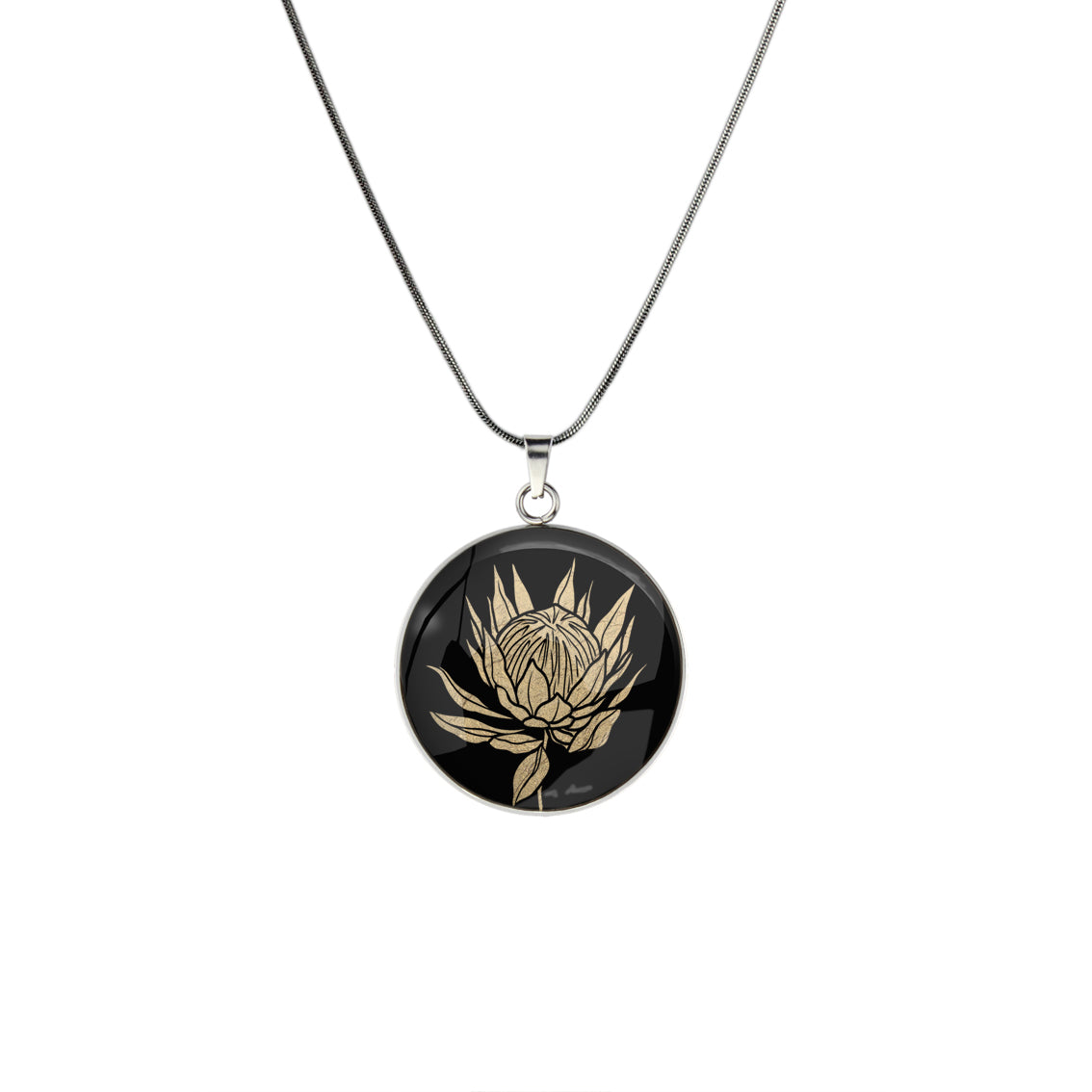 AUSTRALIAN NATIVE FLORA - PROTEA SUGARBUSH CIRCLE PENDANT ON A CHAIN NECKLACE - D927 - in Circle Box
