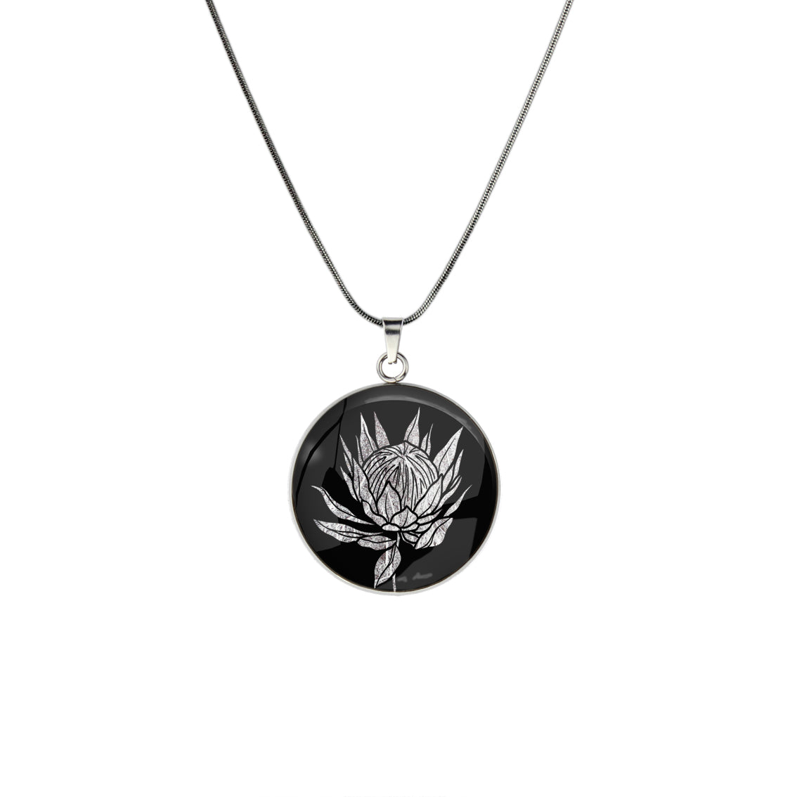 AUSTRALIAN NATIVE FLORA - PROTEA SUGARBUSH CIRCLE PENDANT ON A CHAIN NECKLACE - D927S - on Satchel