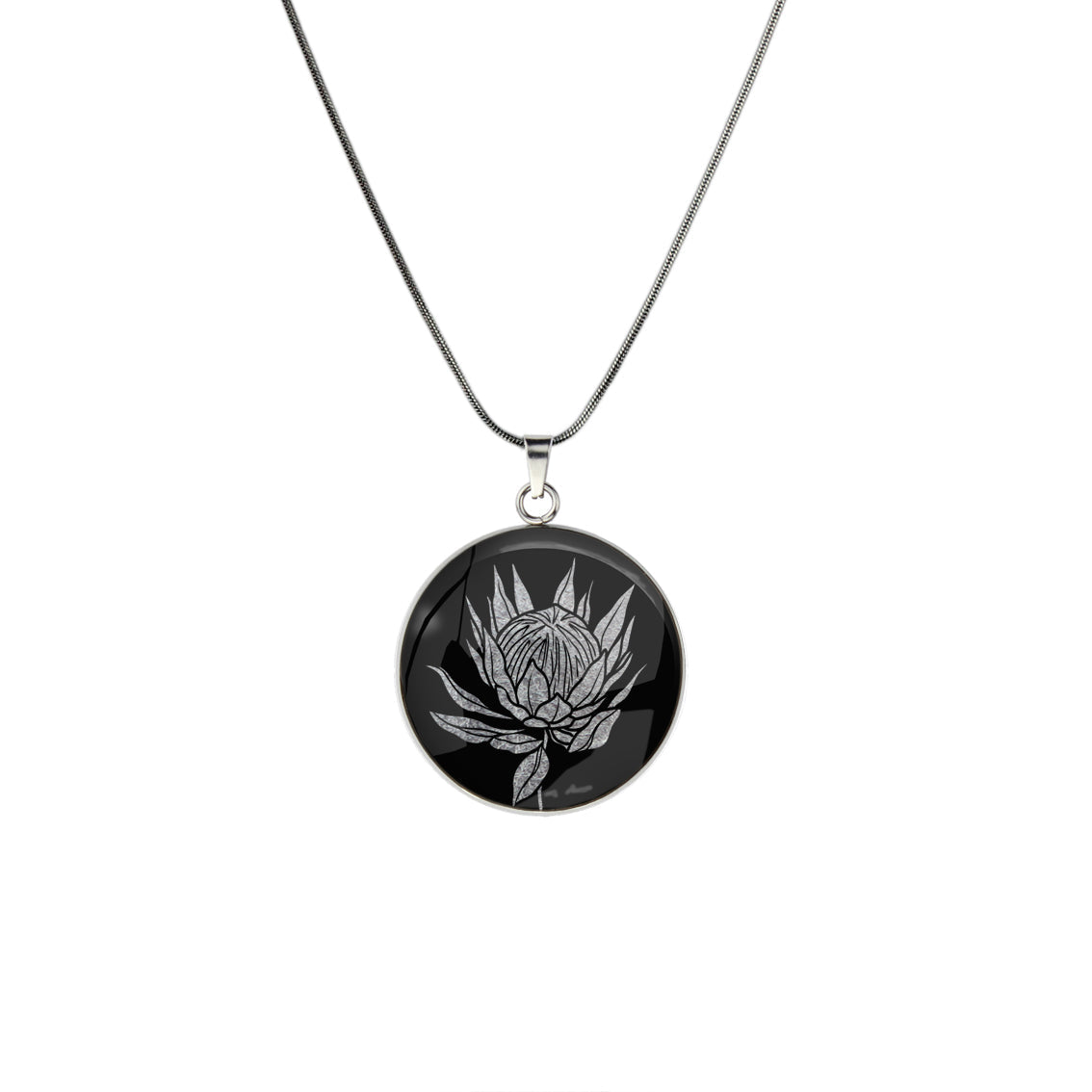 AUSTRALIAN NATIVE FLORA - PROTEA SUGARBUSH CIRCLE PENDANT ON A CHAIN NECKLACE - D927 - in Circle Box